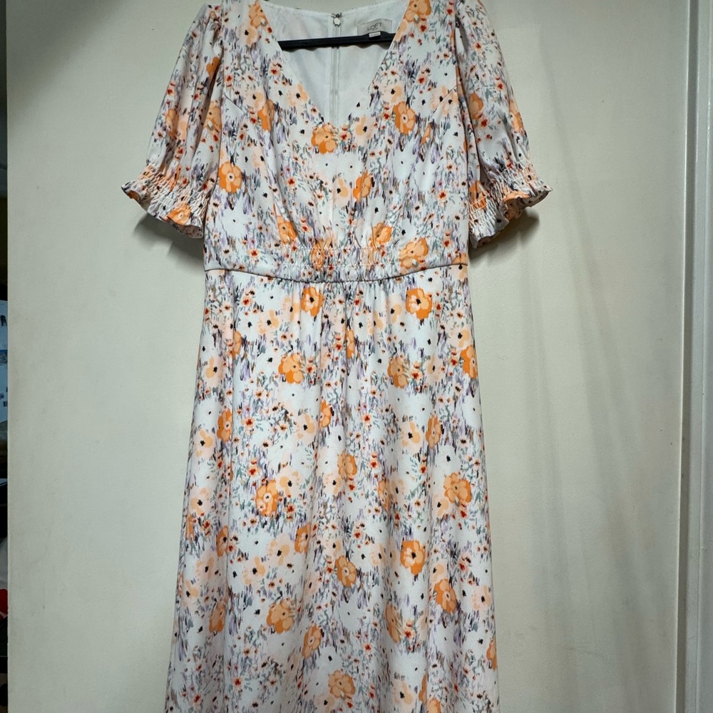 LOFT Blue Midi Sundress with Ruched Tie Front and Puff Sleeves